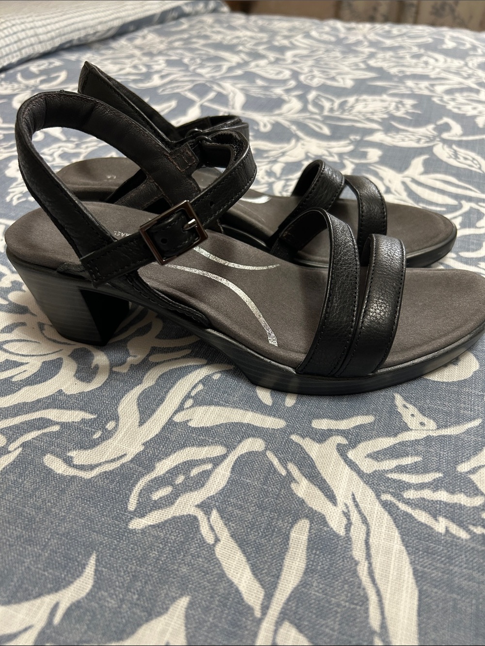 Naot Black Leather Low Block Heel Sandals Worn once briefly. 37. EUC.